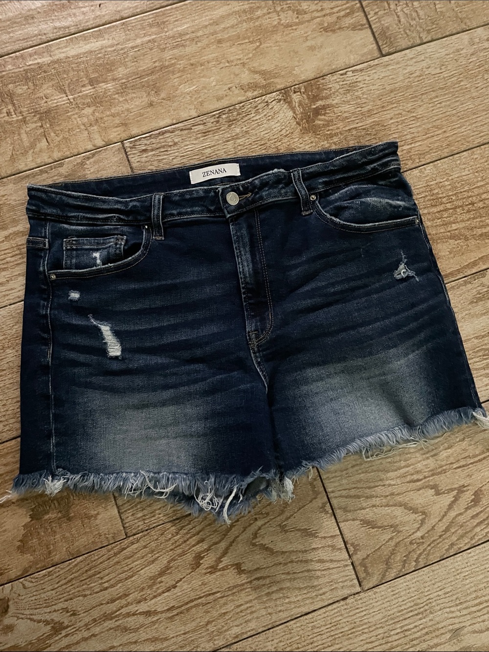 Zenana Outfitters Dark Indigo Distressed Denim Shorts - Frayed Hem